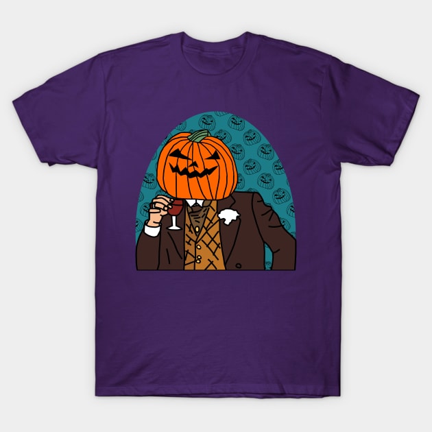 Pumpkin Head Drinking Wine Halloween Horror Portrait T-Shirt by ellenhenryart